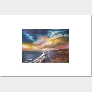 cliff diving, beach scene, skyscape, seascape, expressionistic art, painting, oil painting on canvas, coastal decor, beach house Posters and Art